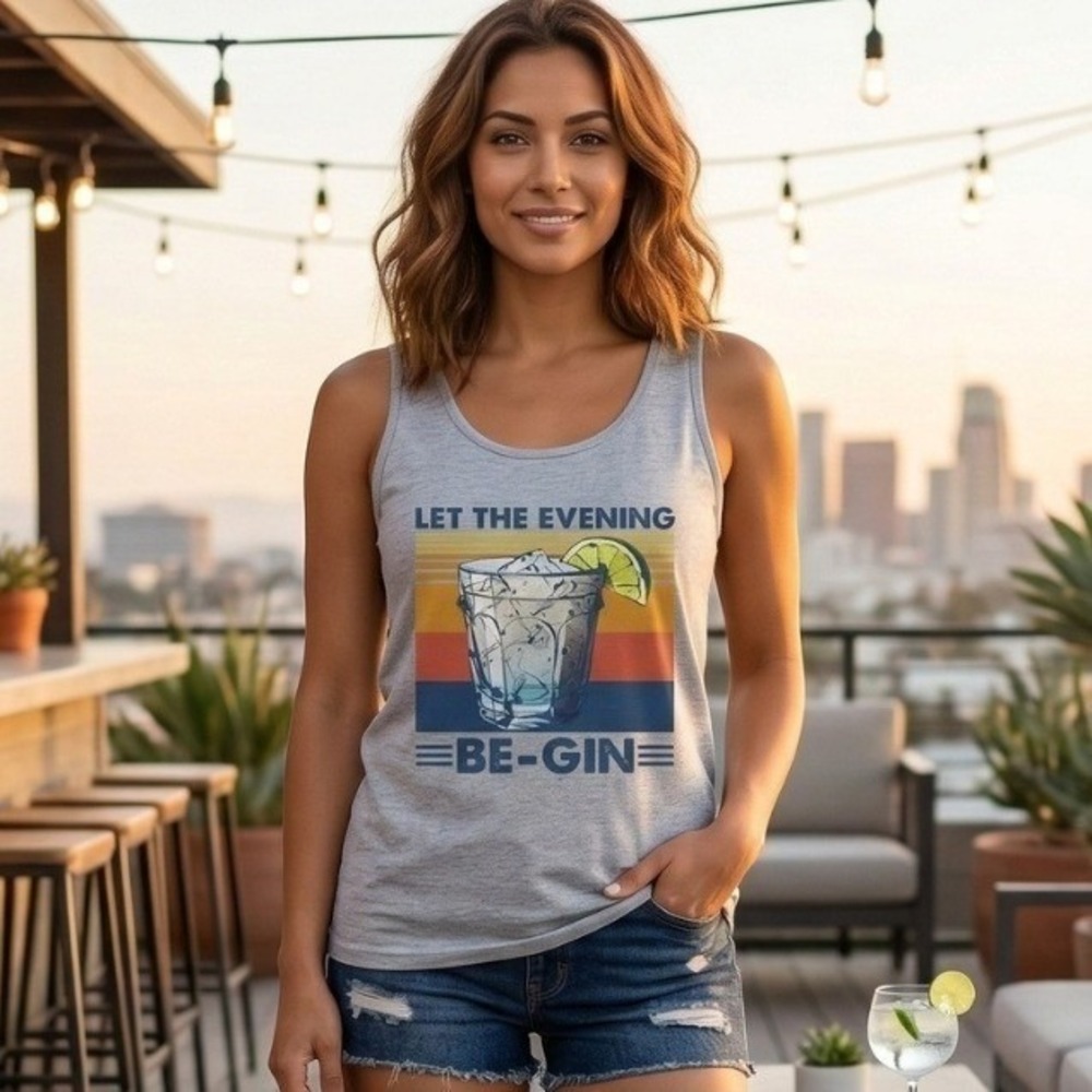 NWT Let‎ The Evening Be-Gin Tank Top Womens S Gray Funny Gin Graphic Sleeveless